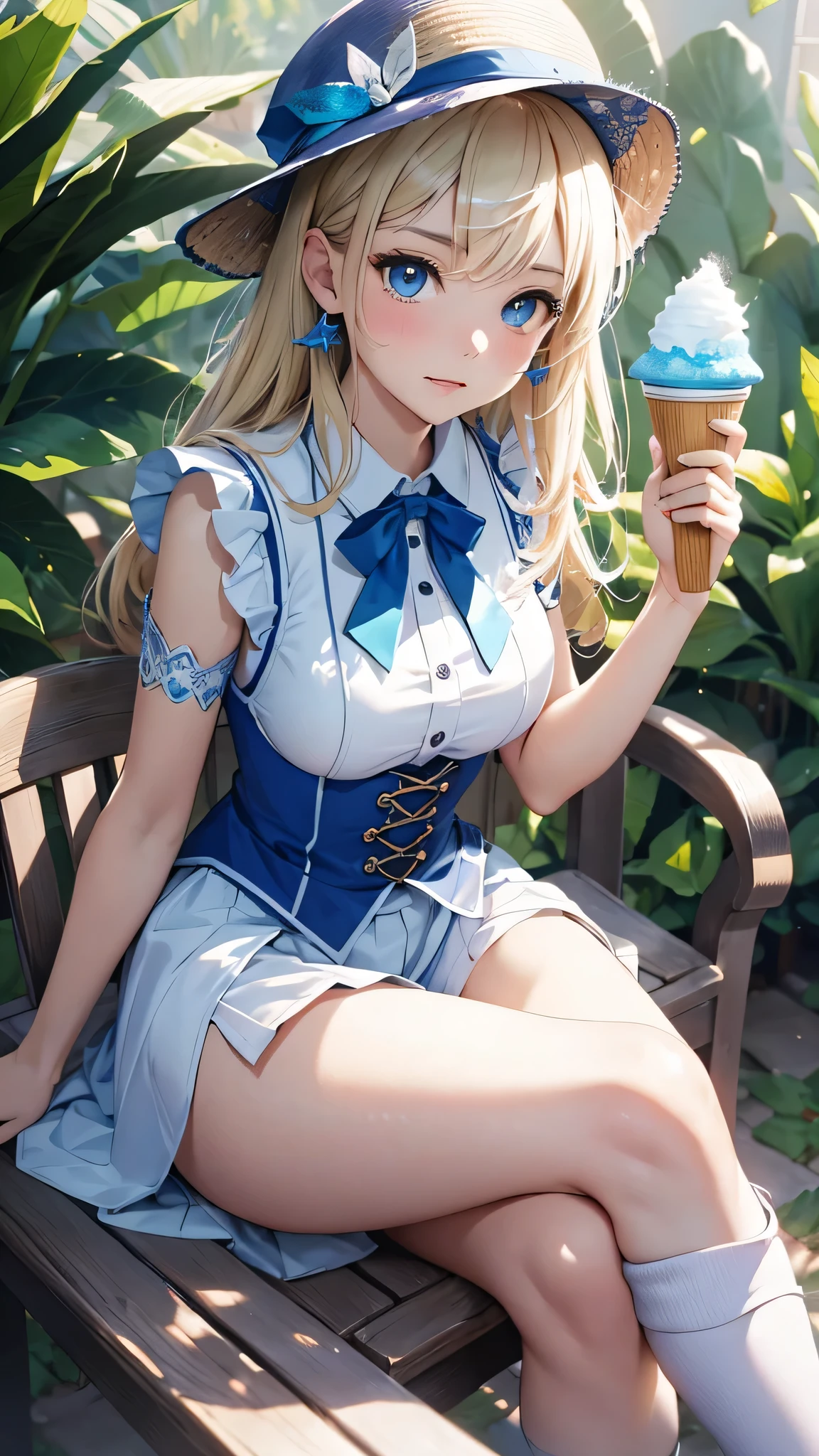 最high quality、Best image quality、masterpiece、With a girl((cute、15 years old、Best Bust、Medium Bust、Bust 85,Beautiful Blue Eyes、Spread your chest wide,Blonde lointail、Slender、The best valley、、Blue sleeveless shirt、White shorts,Show the whole body、Blue Mesh,Leaning forward greatly、Blue hat、Blue Intercom,Face Paint))high quality、Beautiful art、background((summertime、White table、White chair、shaved ice、)),Tabletop、Exquisite design、Visual Arts、Depth of written boundary、Best lighting、Highest detail、8k
