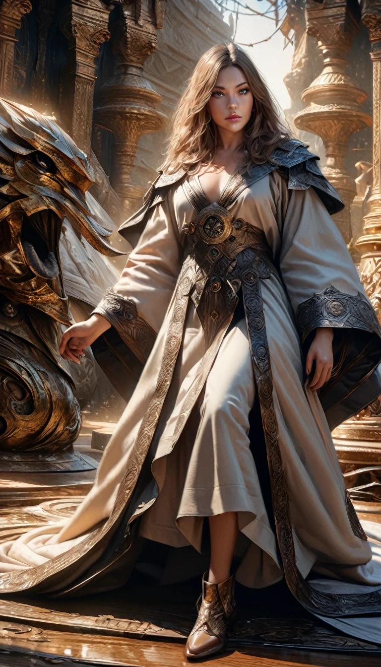 full body shot, detailed fantasy astrologer, 1 woman, beautiful detailed eyes, beautiful detailed lips, extremely detailed face and features, long eyelashes, detailed robes and clothing, detailed astrological symbols and elements, (best quality,4k,8k,highres,masterpiece:1.2),ultra-detailed,(realistic,photorealistic,photo-realistic:1.37),digital painting, intricate details, dynamic pose, dramatic lighting, deep rich colors, cinematic composition, immersie background