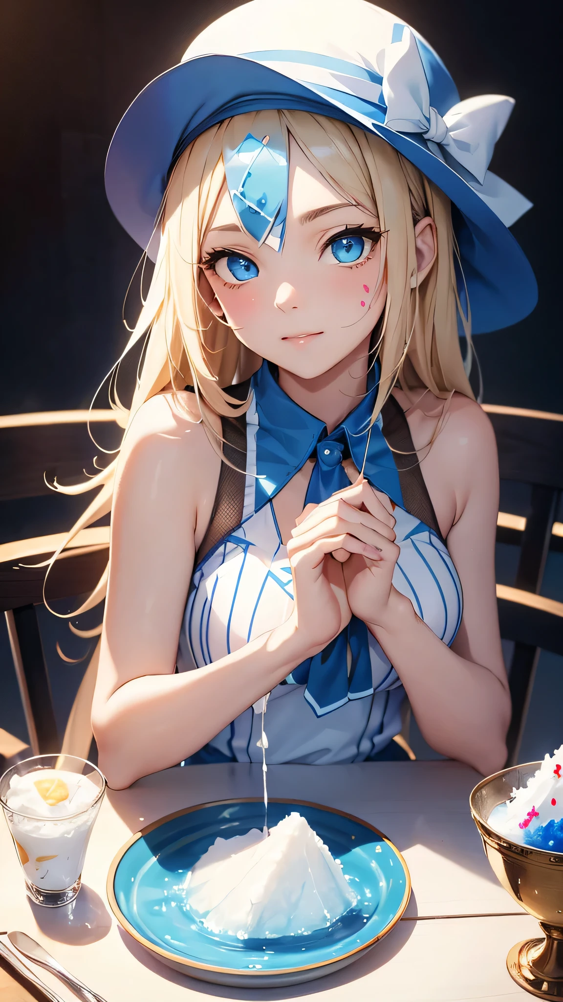 最high quality、Best image quality、masterpiece、With a girl((cute、、Best Bust、Medium Bust、Bust 85,Beautiful Blue Eyes、Spread your chest wide,Blonde lointail、Slender、The best valley、、Blue sleeveless shirt、White shorts,Show the whole body、Blue Mesh,Leaning forward greatly、Blue hat、Blue Intercom,Face Paint))high quality、Beautiful art、background((summertime、White table、White chair、shaved ice、)),Tabletop、Exquisite design、Visual Arts、Depth of written boundary、Best lighting、Highest detail、8k