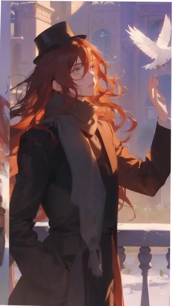 anime girl with long red hair and hat holding a bird, artwork in the style of guweiz, painted in anime painter studio, ilya kuvshinov with long hair, guweiz, made with anime painter studio, artgerm and atey ghailan, beautiful anime portrait, anime girl with long hair, beautiful character painting, loish art style