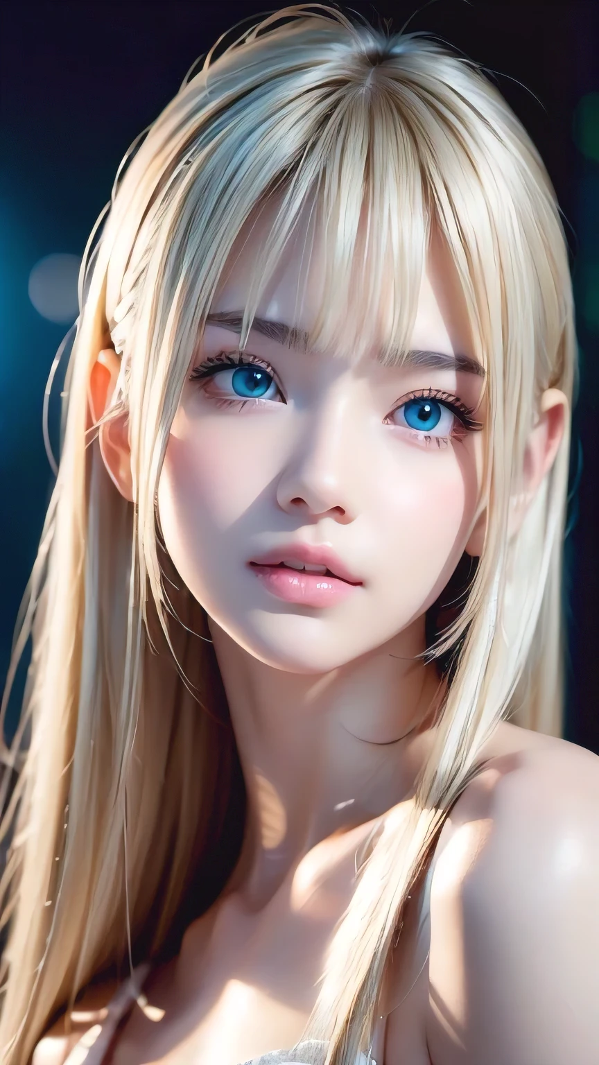 Dressed、(Photorealistic:1.4)、(ハイパーRealistic:1.4)、(Realistic:1.3)、(Smooth lighting:1.05)、(Improved cinematic lighting quality:0.9)、32k、1 Girl、A beautiful woman、Very cute expression、A beautiful blonde girl、bangs that fall on the face、Bangs left over the eyeessy bangs between the eyes and nose、Realistic top lighting、Backlight、Face Light、Super long silky platinum hair、Blonde rays、(Bright light:1.2)、(quality improvement:1.4)、(Highest quality realistic textured skin:1.4)、Very beautiful, detailed, shiny, very bright, mint blue, large eyes、Very big eyes、Detailed face、A careful eye for quality、(Tired, sleepy and satisfied: 0.0)、Face close up、T-Shirts、(Enhances the body line:1.1)、(Enhances the beauty of skin texture:1.1)、Cheek gloss highlighter、Small Face Beauty、Round face、Very white and bright skin