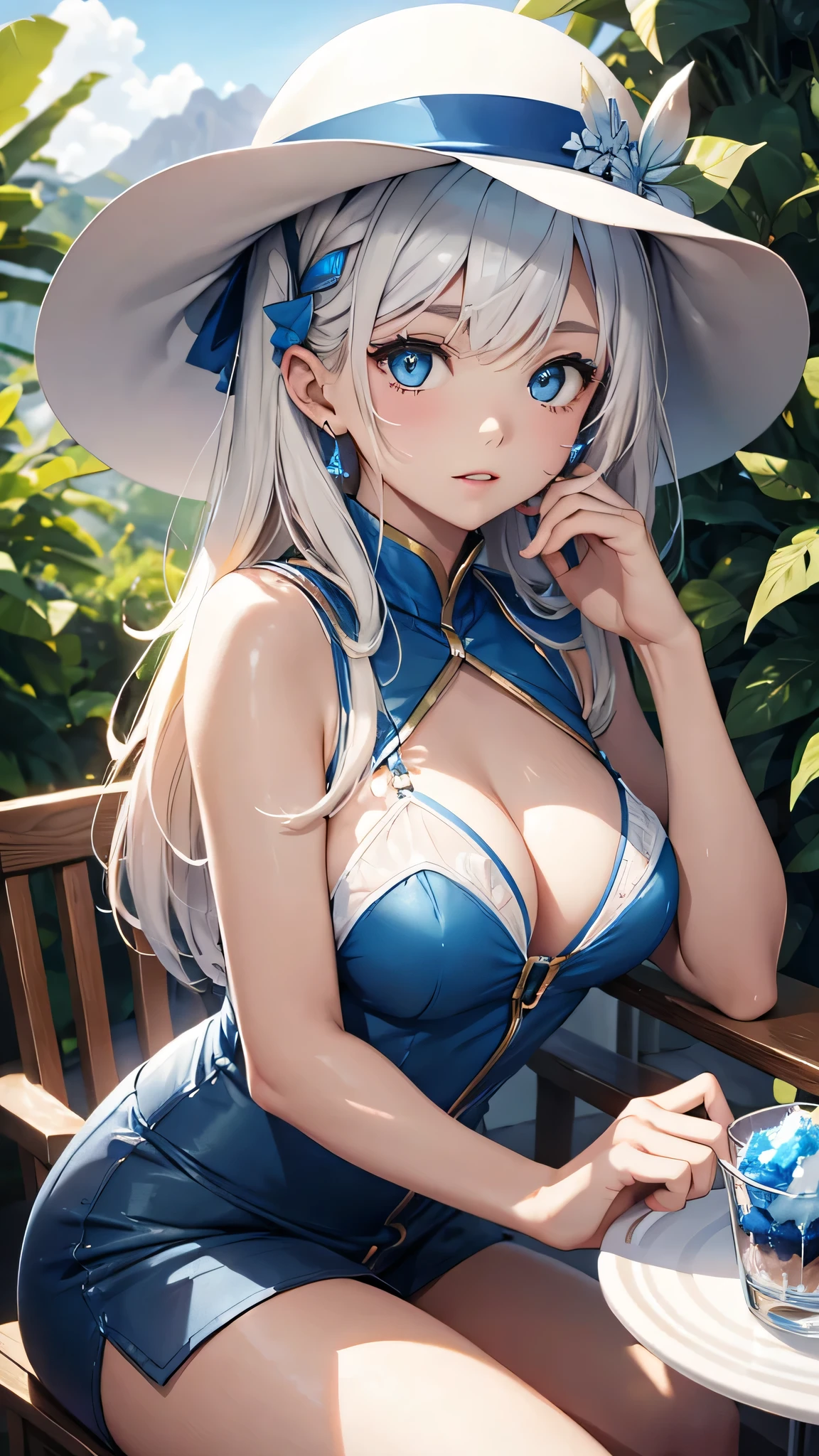 最high quality、Best image quality、masterpiece、With a girl((cute、15 years old、Best Bust、Medium Bust、Bust 85,Beautiful Blue Eyes、Spread your chest wide,Blonde lointail、Slender、The best valley、、Blue sleeveless shirt、White shorts,Show the whole body、Blue Mesh,Leaning forward greatly、Blue hat、Blue Intercom,Face Paint)）high quality、Beautiful art、background((summertime、White table、White chair、shaved ice、)),Tabletop、Exquisite design、Visual Arts、Depth of written boundary、Best lighting、Highest detail、8ｋ