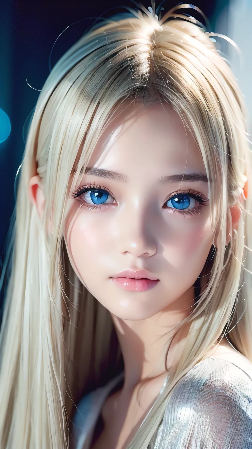 Dressed、(Photorealistic:1.4)、(ハイパーRealistic:1.4)、(Realistic:1.3)、(Smooth lighting:1.05)、(Improved cinematic lighting quality:0.9)、32k、1 Girl、A beautiful woman、Very cute expression、A beautiful 15 year old blonde girl、bangs that fall on the face、Bangs left over the eyeessy bangs between the eyes and nose、Realistic top lighting、Backlight、Face Light、Super long silky platinum hair、Blonde rays、(Bright light:1.2)、(quality improvement:1.4)、(Highest quality realistic textured skin:1.4)、Very beautiful, detailed, shiny, very bright, mint blue, large eyes、Very big eyes、Detailed face、A careful eye for quality、(Tired, sleepy and satisfied: 0.0)、Face close up、T-Shirts、(Enhances the body line:1.1)、(Enhances the beauty of skin texture:1.1)、Cheek gloss highlighter、Small Face Beauty、Round face、Very white and bright skin