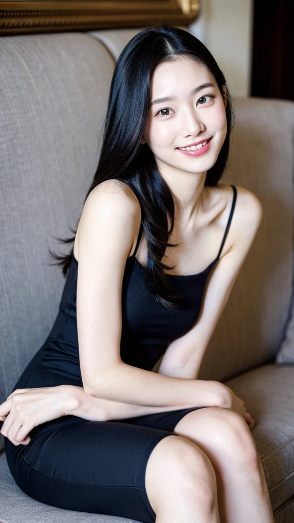 masterpiece:1.3), (8k, Photorealistic, RAW Photos, Best image quality: 1.4), Angle from the front,Photo from chest up,Add hair and whole face.Japanese Girls,Age 25,(Random Hairstyles:1.2),Black dress with floral pattern,(Cleavage:0.9)、Eye on the details、double eyelid、Sharp focus:1.2、(Cute Woman:1.5)、Light brown hair、bangs、highest quality、Ultra-high resolution、(Photorealistic:1.4)、Highly detailed and professionally lit smiles、thin、smile、Long Hair、The skirt has ruffles at the hem,