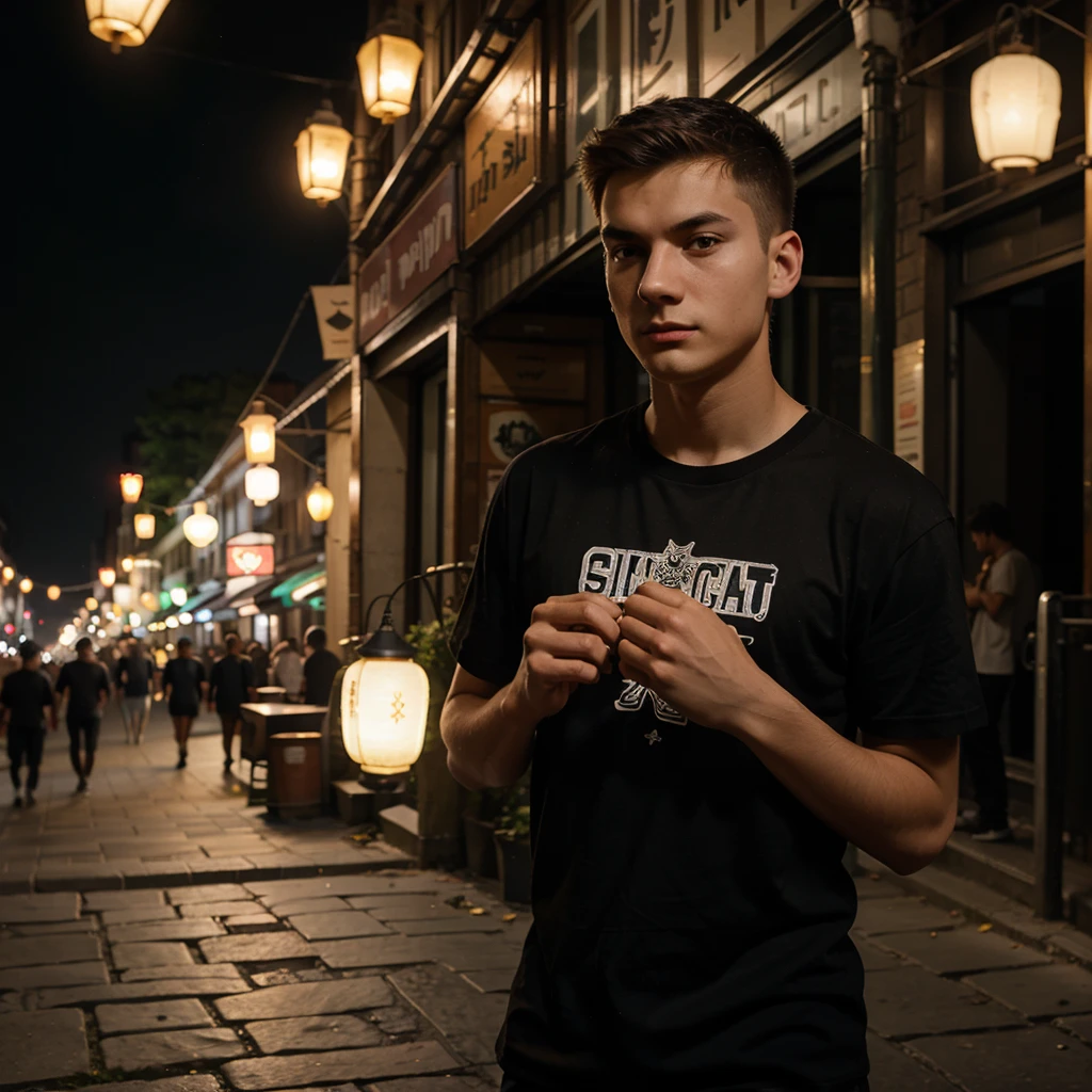 a young man of Slavic appearance on the street in the evening under the light of lanterns in the city in a black T-shirt