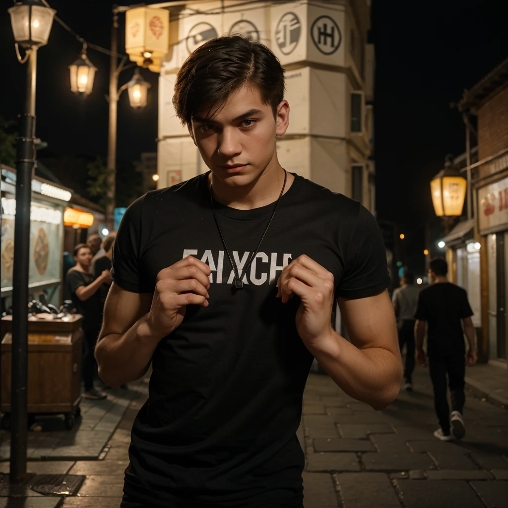 a young man of Slavic appearance on the street in the evening under the light of lanterns in the city in a black T-shirt
