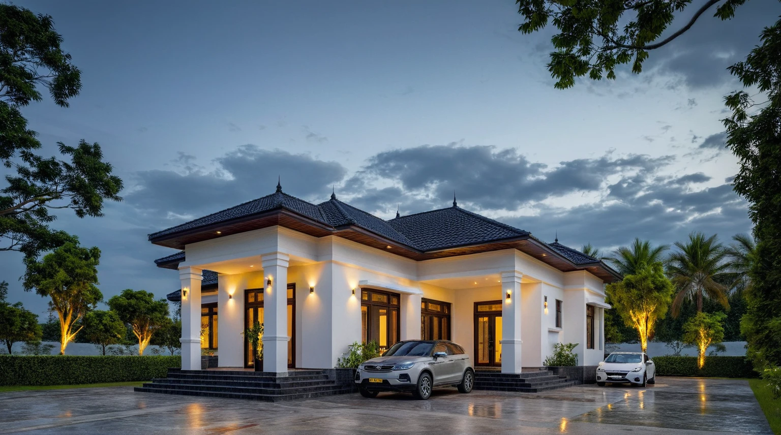 (masterpiece:1.2), best quality, photo of A one-story modern house in VietNam with white walls and dark tiles on the roof, tree and plant environment, (night scene:1.2), streetcapes, natural light, vivid color, The exterior of an elegant single family home features large windows, a dark gray door frame.