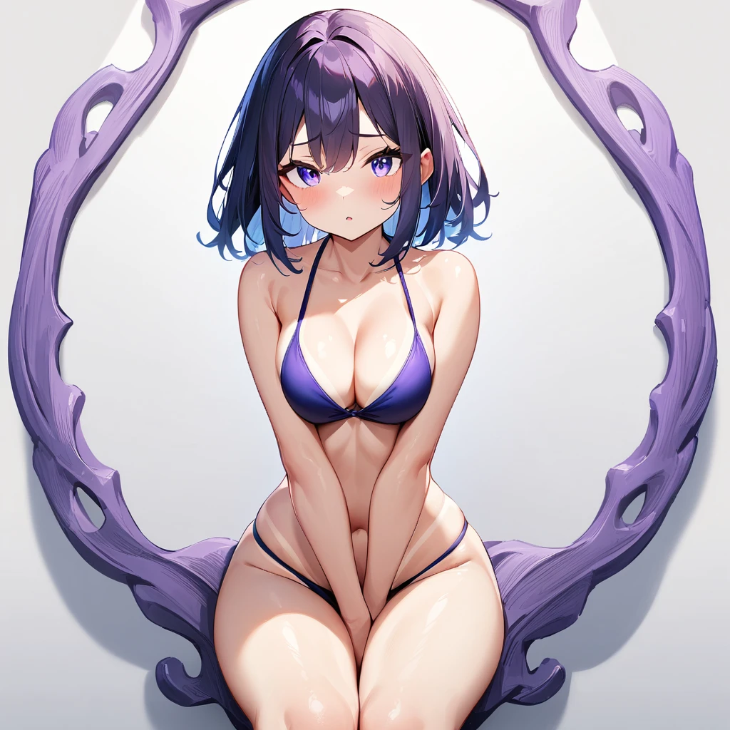 (nsfw:1),1 girl,Solo,medium hair,(face focus:1.2),lmasterpiece, best quality, very aesthetic, absurdres,arms,face,hands,purple and blue,two tone color,v_arms,breasts,hand_between_legs,Bikini,Cleavage,medium hair,skin,tanlines,tight,Thighs,light breasts