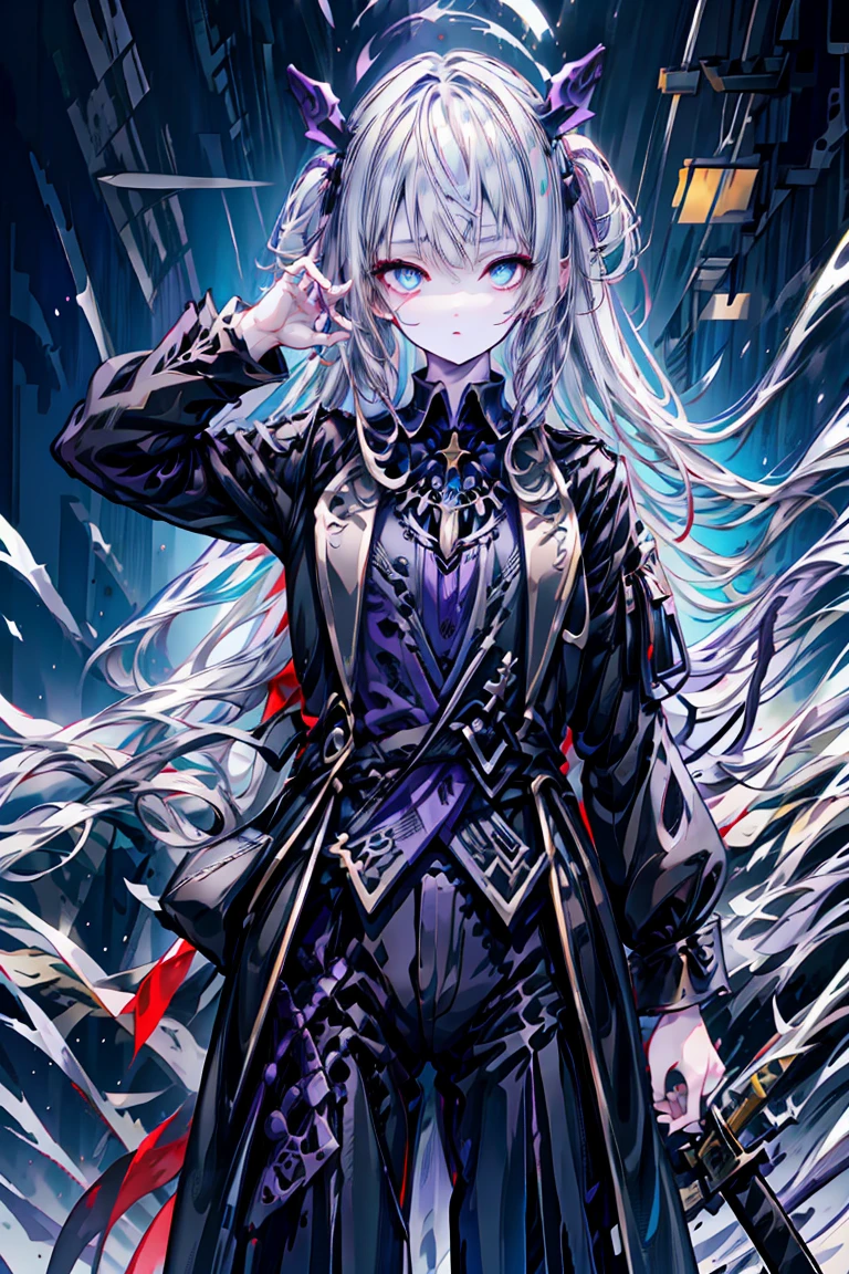 Silver Hair, Fair skin, Girl,  Long Hair, shirt, Black trousers, Black long coat, sword, Sign of holding a weapon with one hand, Expressionless purple and blue eyes