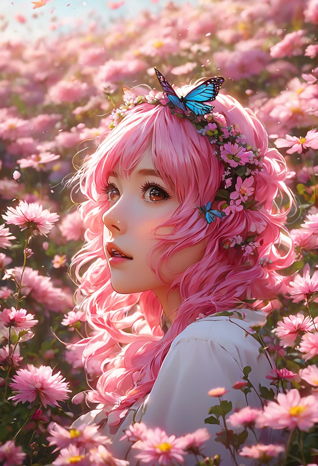 anime girl with pink hair and butterfly headband in a field of flowers, anime style 4 k, anime art wallpaper 4 k, anime art wallpaper 4k, detailed digital anime art, beautiful anime art style, anime art wallpaper 8 k, anime wallpaper 4 k, anime wallpaper 4k, anime style. 8k, kawaii realistic portrait, anime styled digital art, beautiful anime portrait