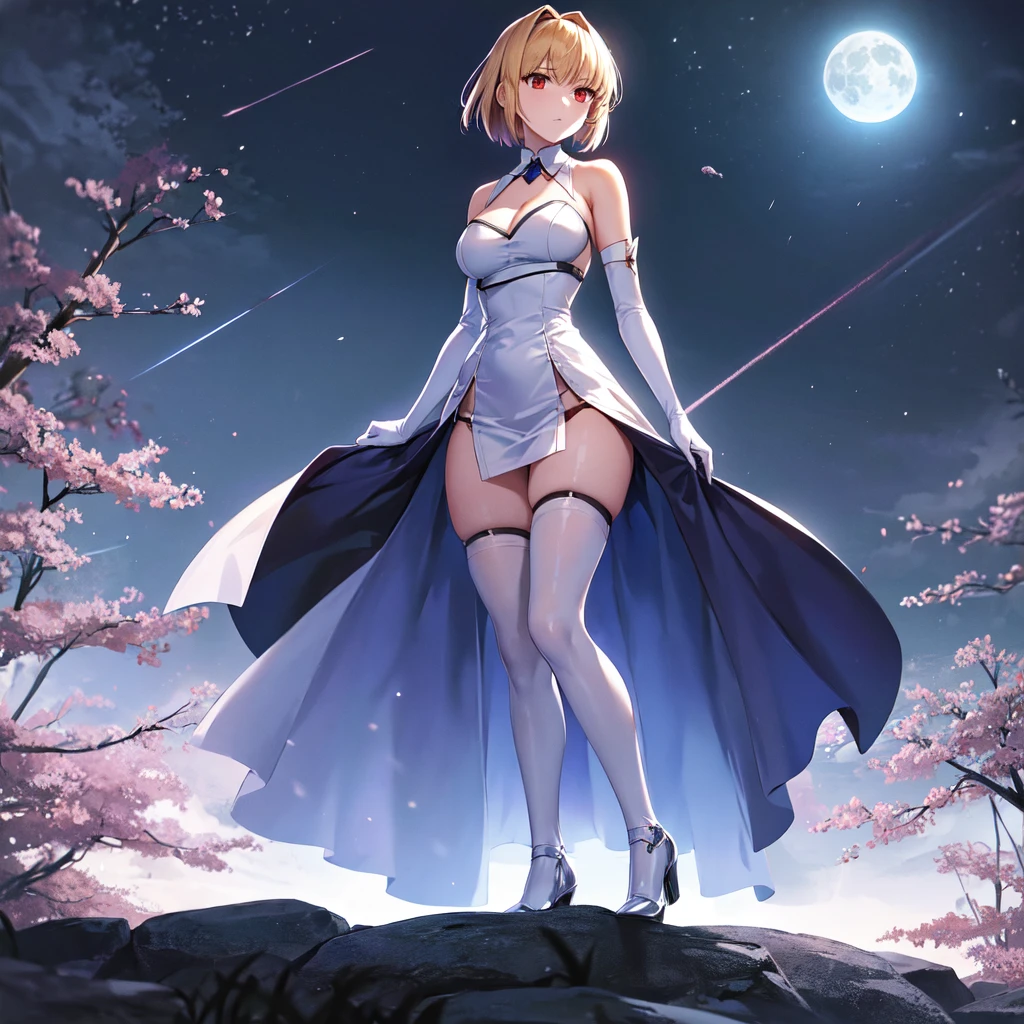 1girl, archetype earth \(hime\),arcueid \(tsukihime\), arcueid \(dress\), breasts, cleavage, detached collar, detached sleeves, full moon, gloves, large breasts, looking at viewer, moon, night, night sky, sky, annoyed, solo, white gloves, (standing:1.4), fullbody, red eyes, blonde hair