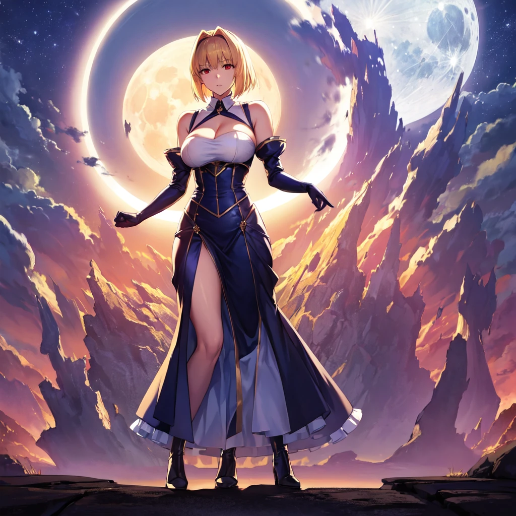 1girl, archetype earth \(hime\),arcueid \(tsukihime\), arcueid \(dress\), breasts, cleavage, detached collar, detached sleeves, full moon, gloves, large breasts, looking at viewer, moon, night, night sky, sky, annoyed, solo, white gloves, (standing:1.4), fullbody, red eyes, blonde hair