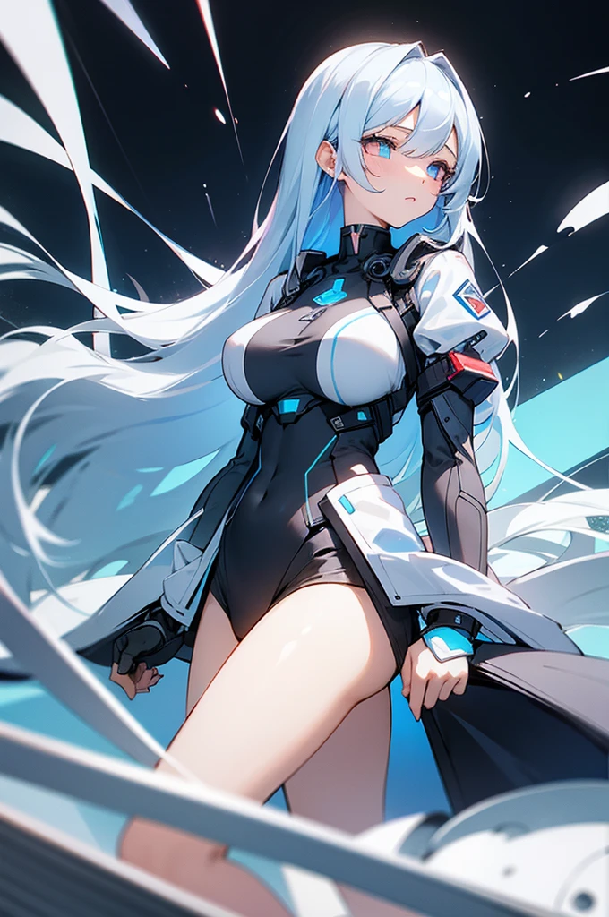 A girl，White long hair，Dissemination，Light blue pupils，Big breasts，17-year-old girl，Humanity，A bit dull，mild，Azur route style