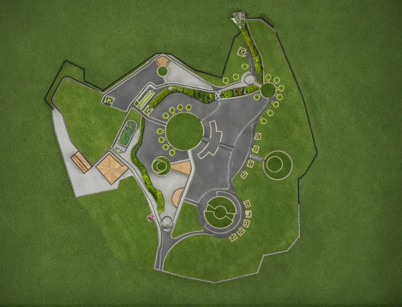 Masterpiece, high quality, best quality, authentic, super detail, outdoors, on the hill along the contour, topview, masterplan, garden landscape, river across, road, pavement, grass, trees (day:1.1), realistic lighting