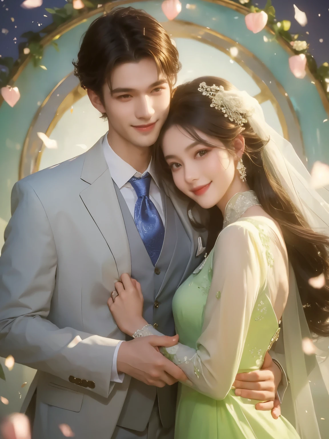 wedding现场,A man in a suit hugging a woman,25 years old,Beautiful face,Smile and look at the camera,wedding,gorgeous的婚纱,gorgeous,Wealth