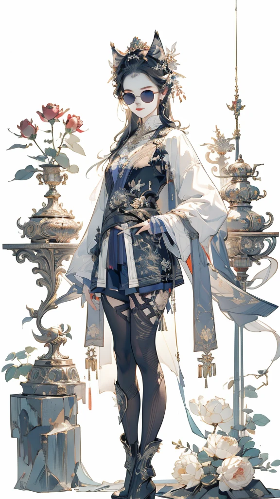 Perfect alignment, Cute little boy siberian husky, Wearing a jacket，crystal vases，Rose flower, Wearing sunglasses, cheerfulness, Standing position, Abstract beauty, Centered, Looking at the camera, Facing the camera, nearing perfection, Dynamic, Highly detailed, smooth, Sharp focus, 8K, high definition resolution, illustration, Art by Carne Griffiths and Wadim Kashin, White background