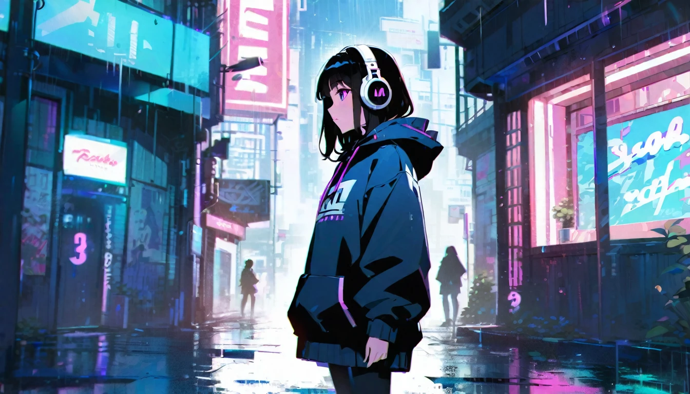 masterpiece,One girl,alone,Incredibly absurd,hoodie,Headphones, street,Outdoor,rain,Neon Light,