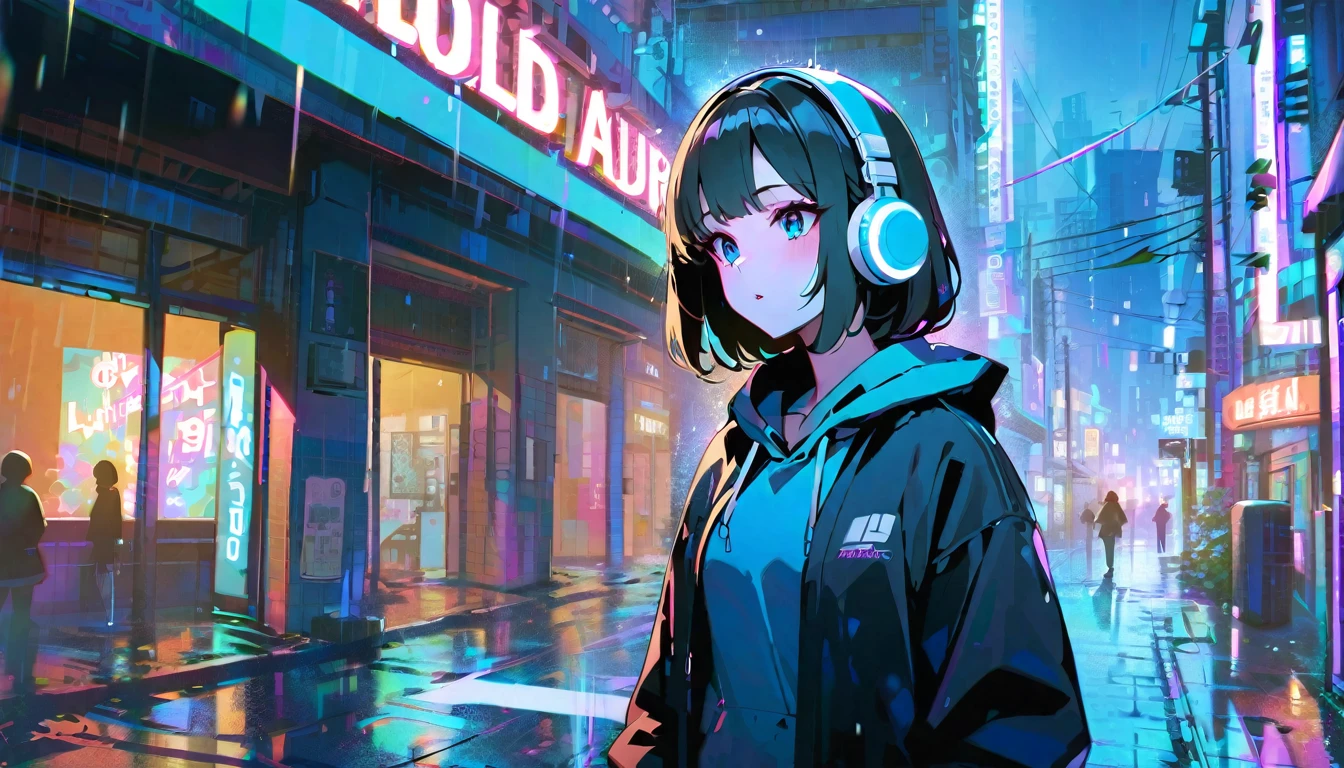 masterpiece,One girl,alone,Incredibly absurd,hoodie,Headphones, street,Outdoor,rain,Neon Light,