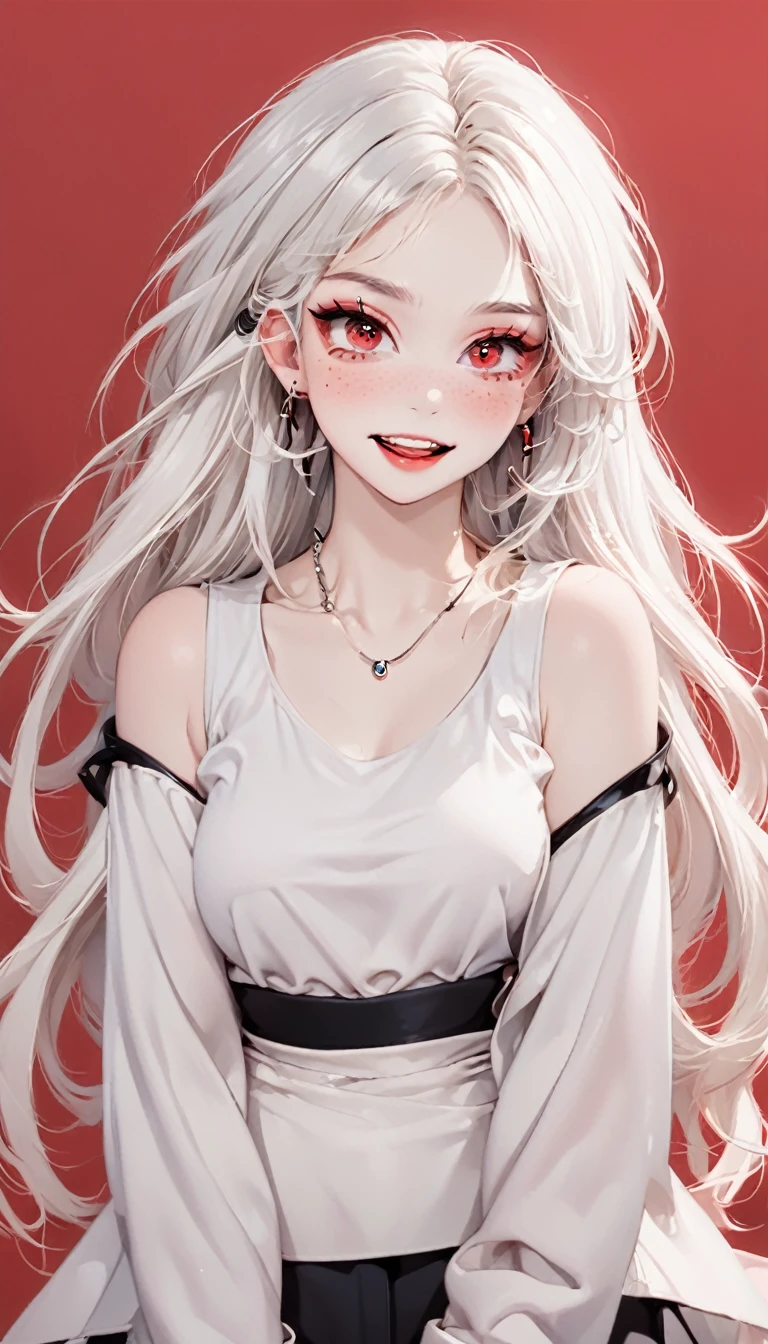Red background, Beautiful white-haired girl with piercing red eyes, Open your lips wide and smile, Black nails,