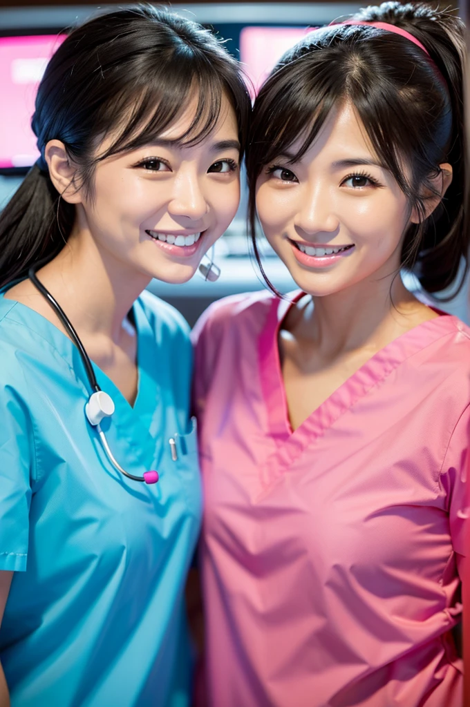 Dental hygienist, only two women Side by side, smiling, wearing fluorescent red and pink medical scrubs, cute, Japanese, black hair, early 20s, female Upper body close-up high resolution Highest quality Don't put your face too close.々