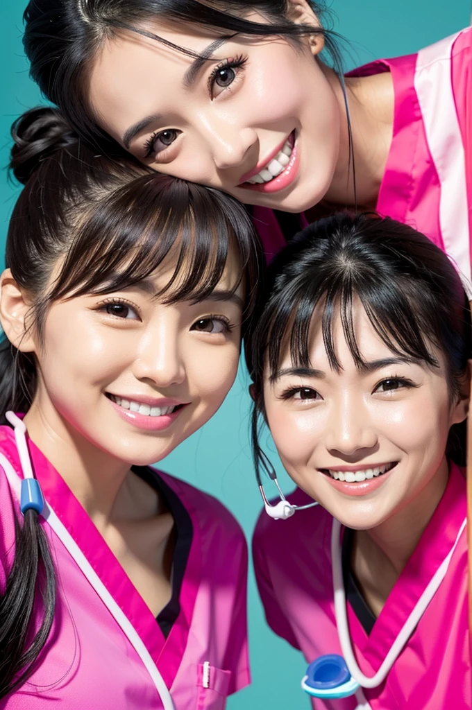 Dental hygienist, only two women　Side by side, smiling, wearing fluorescent red and pink medical scrubs, cute, Japanese, black hair, early 20s, female　Upper body close-up　high resolution　Highest quality　　Don&#39;t put your face too close.々
