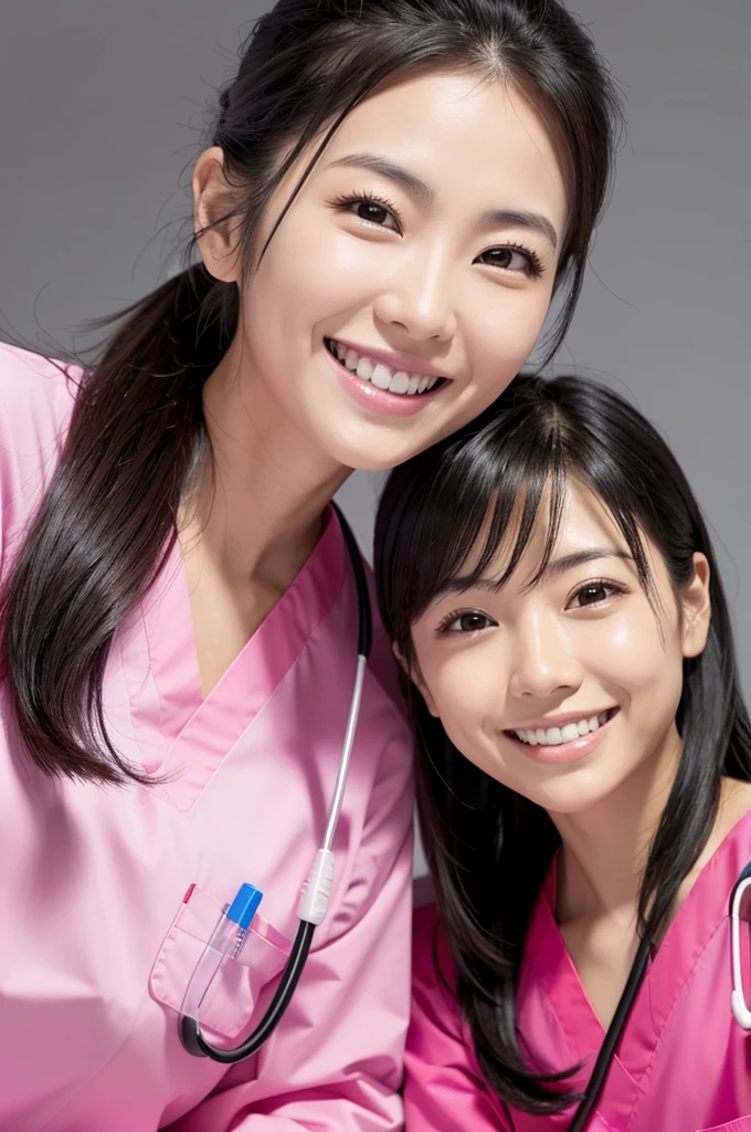 Dental hygienist, only two women Side by side, smiling, wearing fluorescent red and pink medical scrubs, cute, Japanese, black hair, early 20s, female Upper body close-up high resolution Highest quality Don't put your face too close.々