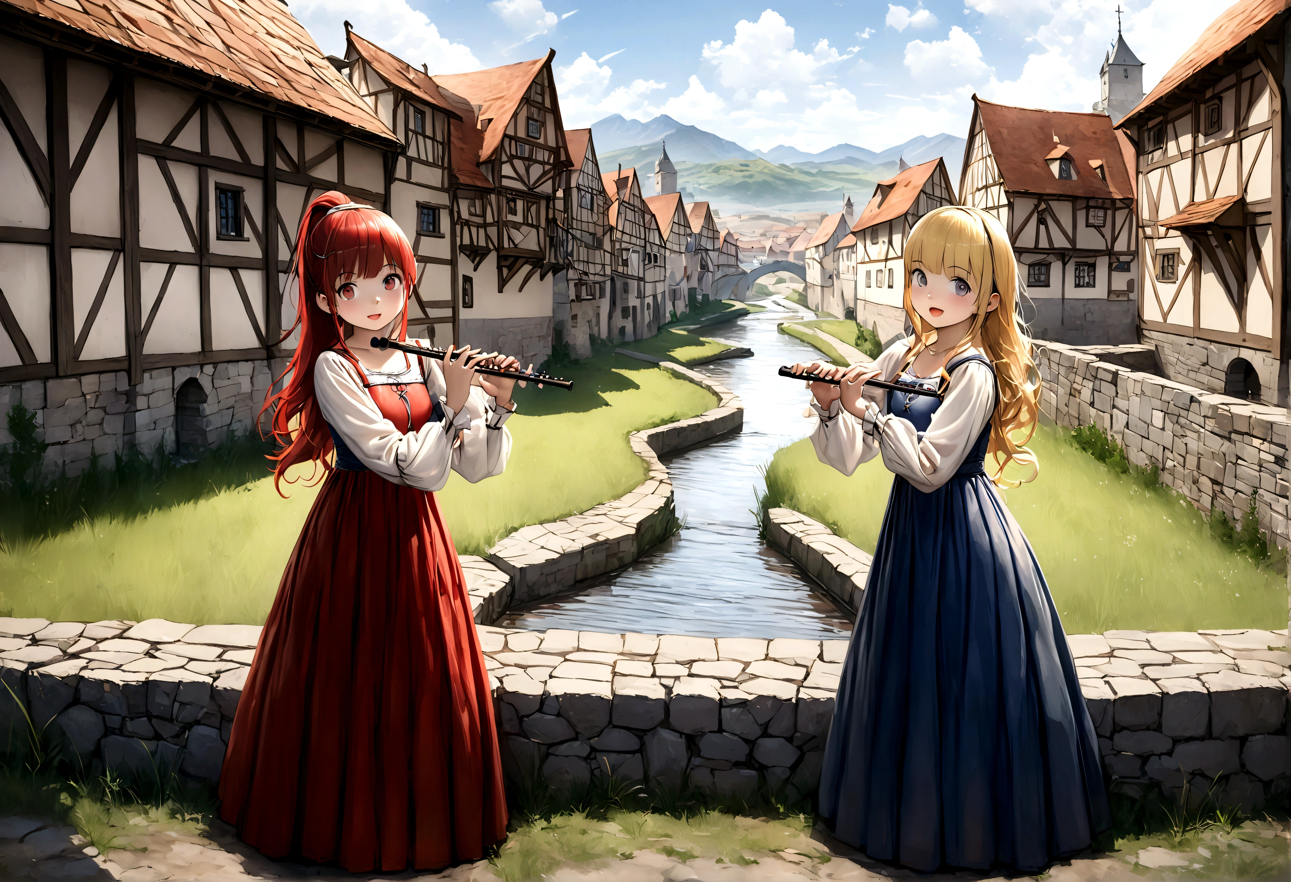 (((Top quality, 4k, 8k, high resolution, masterpiece: 1.2))), (super detailed), (realistic), (photorealistic), (photorealistic: 1.37), (HDR, UHD), (studio (lighting)), ultra-fine drawing, sharp focus, physically based rendering, highly detailed, professional, vibrant colors, perfect ditaile hand, highly detailed realistic eyes, girl, one girl, multiple girls, A lot of girls,  smile, open mouth, close mouth, short hair, medium hair, medium length, long hair, ponytail, red hair, blue hair, blonde hair, green hair, pink hair, medieval European clothing, Citizen's Clothing from Medieval Europe, miniskirt, mid-length skirt, long skirt, chinos pants, (((playing the lute))), (((playing the flute))), (((playing the drums))), Medieval European town, Countryside, Medieval European rural village, Rural grassland, Mountain view, Rural river, Irrigation canal, anime, cartoon, kawaii, qute, (((Long shot, Panorama, Distant view, Vast landscape))), knees, feet,  looking at viewer, 