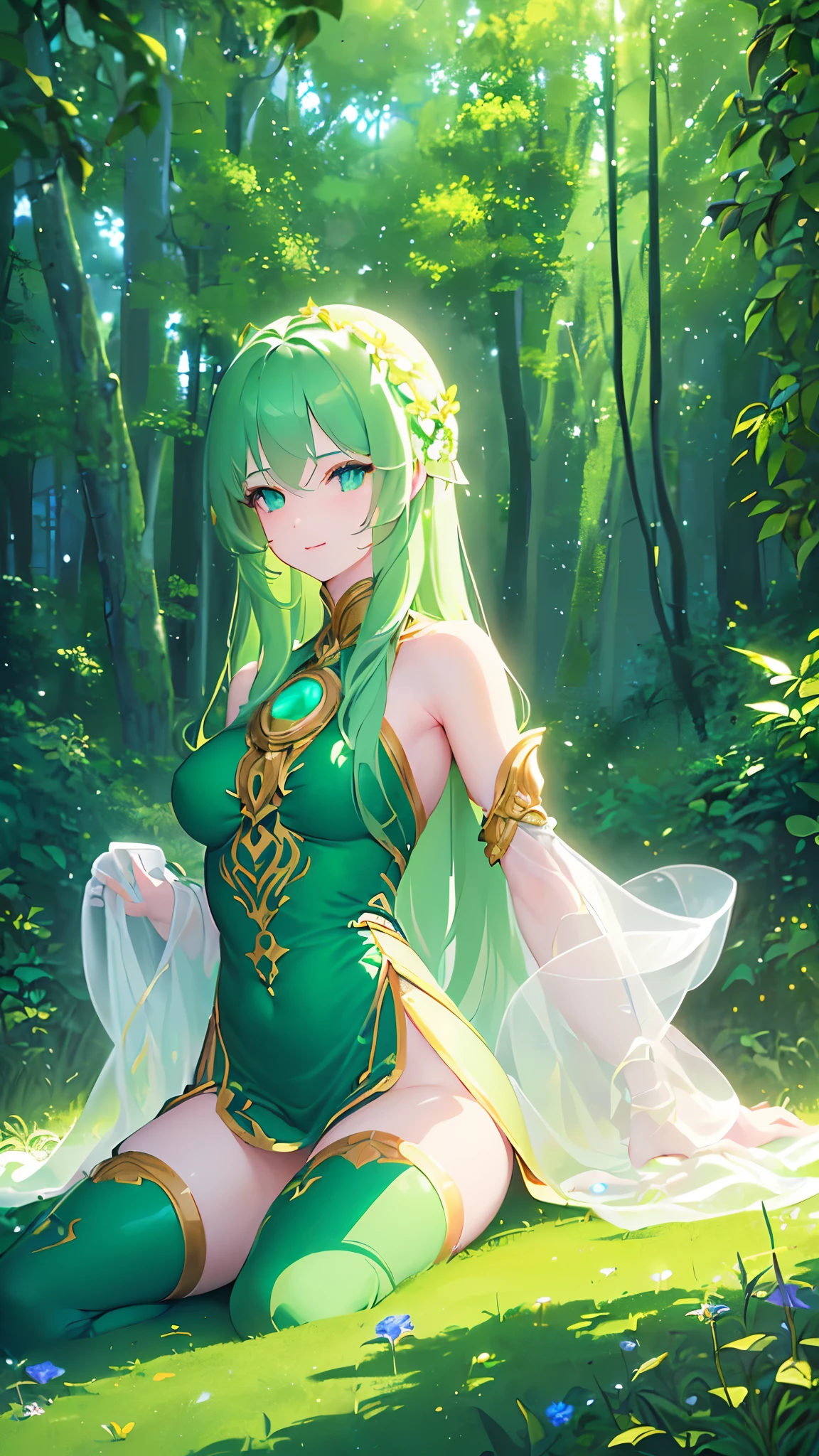 Name: Yui-ko
Element: VERDANTHIA
Description: The Nurturer, guardian of the Green Forest. A gentle, wise, and powerful being, cherishing the balance of nature. Her ethereal presence brings growth and restoration.
Prompt: ((((Masterpiece, Top tier, Ultra high definition)))), 1girl, serene, sitting, (long, wavy, green hair), ((glowing aura)), (((ultra detailed face, beautiful and detailed eyes:0.9))), ((left side view)), (full body shot), surrounded by greenery, ((fair complexion)), (emerald green eyes), ((lovely smile)), (((head, shoulders, arms, and thighs visible))), ((crossed legs)), ((gentle expression)), beautiful lighting, forest, ((defined subject)), 27 years old, (((contented)), ((calm)), (((high saturation)))