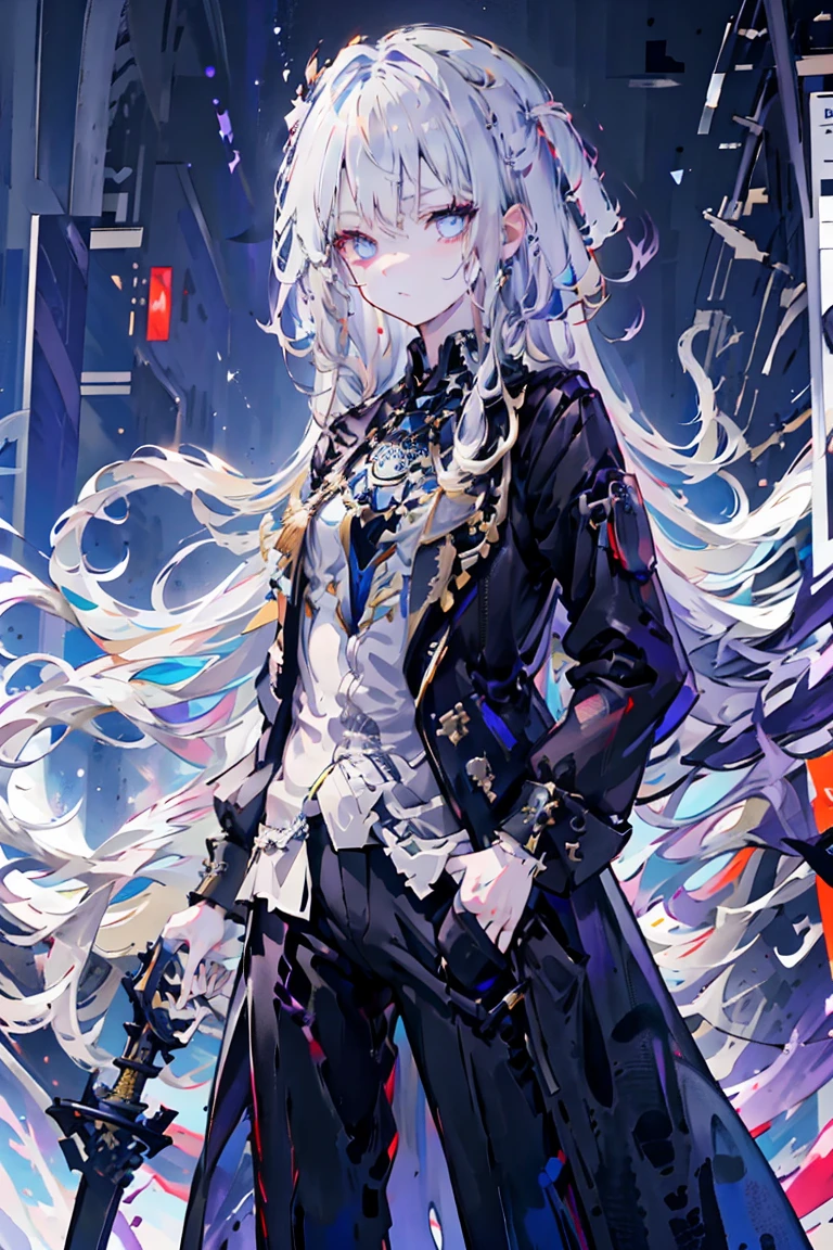 Silver Hair, Fair skin, Girl,  Long Hair, shirt, Black trousers, Black long coat, sword, Sign of holding a weapon with one hand, Expressionless purple and blue eyes