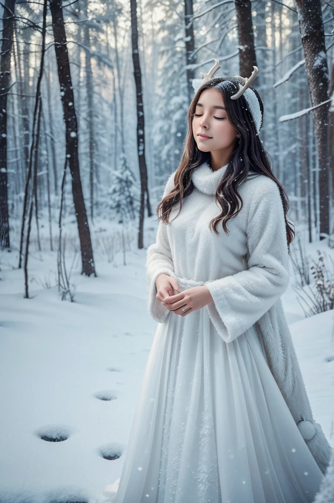 I apologize for the mistake! Here's a revised prompt for a dreamy Christmas image featuring a girl, inspired by the style of webtoons:

"Whispers of Snow"

A serene and ethereal scene of a girl standing in a snowy forest, surrounded by delicate snowflakes and soft, feathery trees. Her eyes are closed, and a gentle smile graces her lips as she embraces the reindeer, its fur shimmering with a soft, otherworldly glow. The atmosphere is tranquil, with a hint of magic and wonder, as if the forest is sharing a secret with the girl.

This prompt aims to evoke a dreamy, webtoon-inspired image that captures the enchantment and peace of the holiday season.