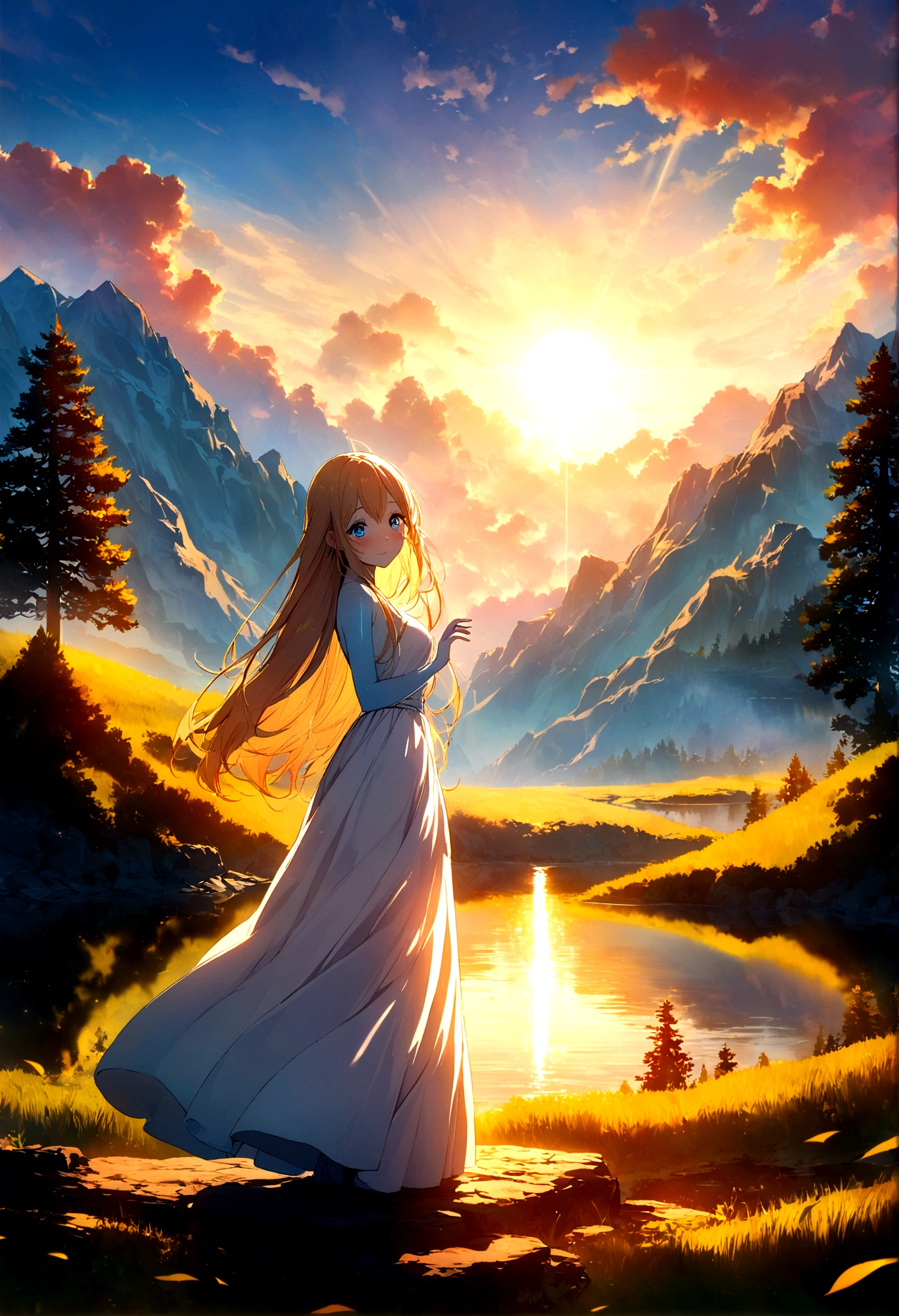 1 girl, Happy expression, Charming eyes, Long straight hair, floating long dress, Large target, Watching the Sun, A calm gesture, Porcelain skin, faint blush, Crystal PendantBREAK Golden Hour, (Edge lighting): 1.2, Cool colors, Solar flares, Soft shadows, Vibrant colors, Painting Effect, Fantastic atmosphere BREAK scenic lake, Distant Mountains, pine, The Peak, Reflection, Sun shining clouds, Tranquil atmosphere, Idyllic sunrise, Extremely detailed, Official Art, Unified 8k wallpaper, tangled, Mandala