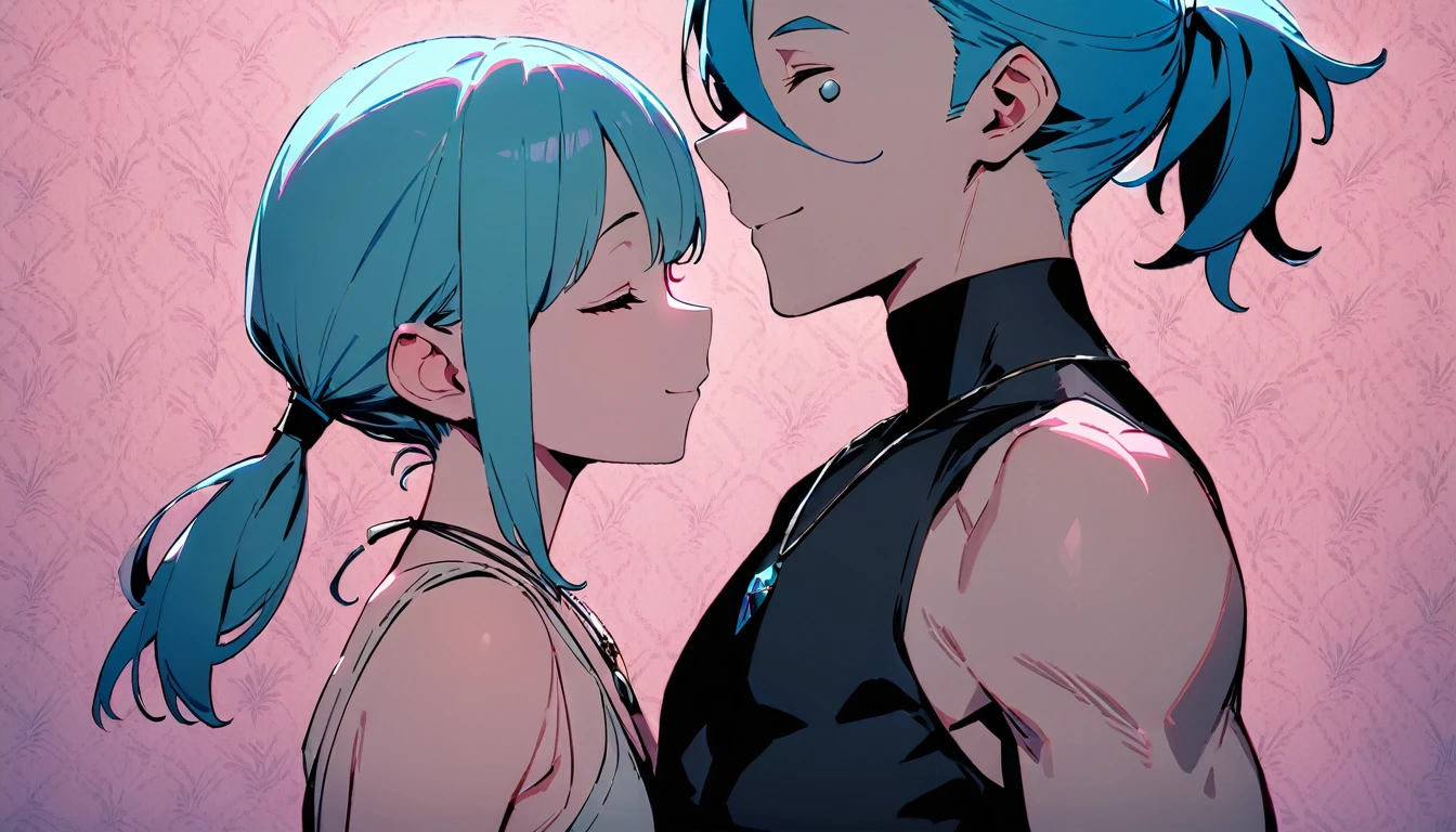 ((((best masterpiece, best quality, wallpaper,)))) face-to-face:1.4, woman, leggings, pink background color ultrasharp, 8K, masterpiece, guy, male body, small muscles, flat chest, 1male, 30 years old, handsome man, upper body, looking at viewers, beautiful detailed, seductive smile, mediumturquoise hair, ((((Lower short ponytail)))), asymmetrical bangs, ((short hair,)) (((light smile, closed eyes, tareme, droopy eyes,))) (((perfect face,))) perfect hands, sharp nose, clear face, black turtleneck, grey cardigan, ((silver piercing, pendant,)) face-to-face:1.4, woman, leggings, pink background color ultrasharp, 8K, masterpiece,