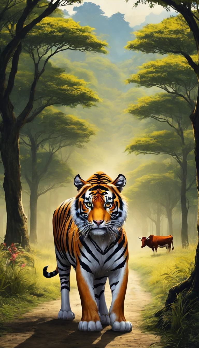 There is a kind of beast,Looks like a tiger but has a cow's tail(best quality,4K,8K,High level,masterpiece:1.2),Ultra Detailed,(lifelike,Photo real,Photo real:1.37),Highly detailed animals,Complex patterns,Realistic lighting,Fantasy Creatures