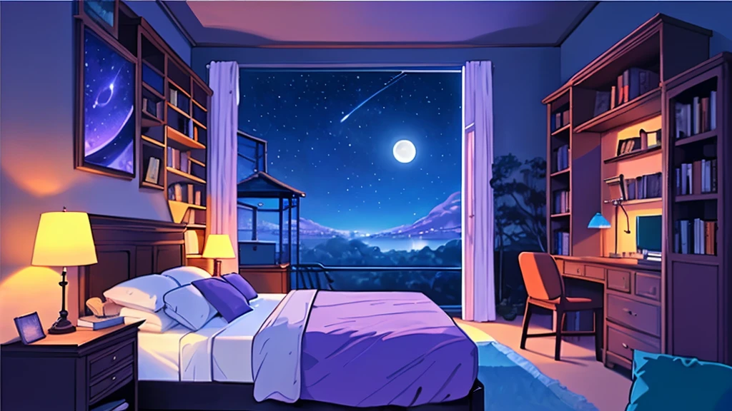 A bedroom, bed in the room, Books on shelf, comfort, sunny view, blue sky during the day, big windows, cozy landscape cheered up style, cheered up, High Definition, high quality, high detail, super detail, Masterpiece, for the day, synth wave colors, purple and blue comtirnas