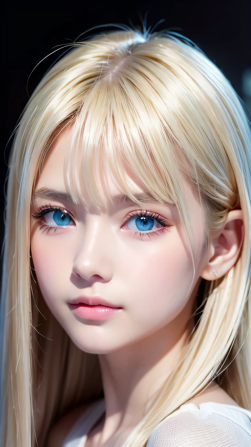 Dressed、(Photorealistic:1.4)、(ハイパーRealistic:1.4)、(Realistic:1.3)、(Smooth lighting:1.05)、(Improved cinematic lighting quality:0.9)、32k、1 Girl、A beautiful woman、Very cute expression、A beautiful  blonde girl、bangs that fall on the face、Bangs left over the eyeessy bangs between the eyes and nose、Realistic top lighting、Backlight、Face Light、Super long silky platinum hair、Blonde rays、(Bright light:1.2)、(quality improvement:1.4)、(Highest quality realistic textured skin:1.4)、Very beautiful, detailed, shiny, very bright, mint blue, large eyes、Very big eyes、Detailed face、A careful eye for quality、(Tired, sleepy and satisfied: 0.0)、Face close up、T-Shirts、(Enhances the body line:1.1)、(Enhances the beauty of skin texture:1.1)、Cheek gloss highlighter、Small Face Beauty、Round face、Very white and bright skin