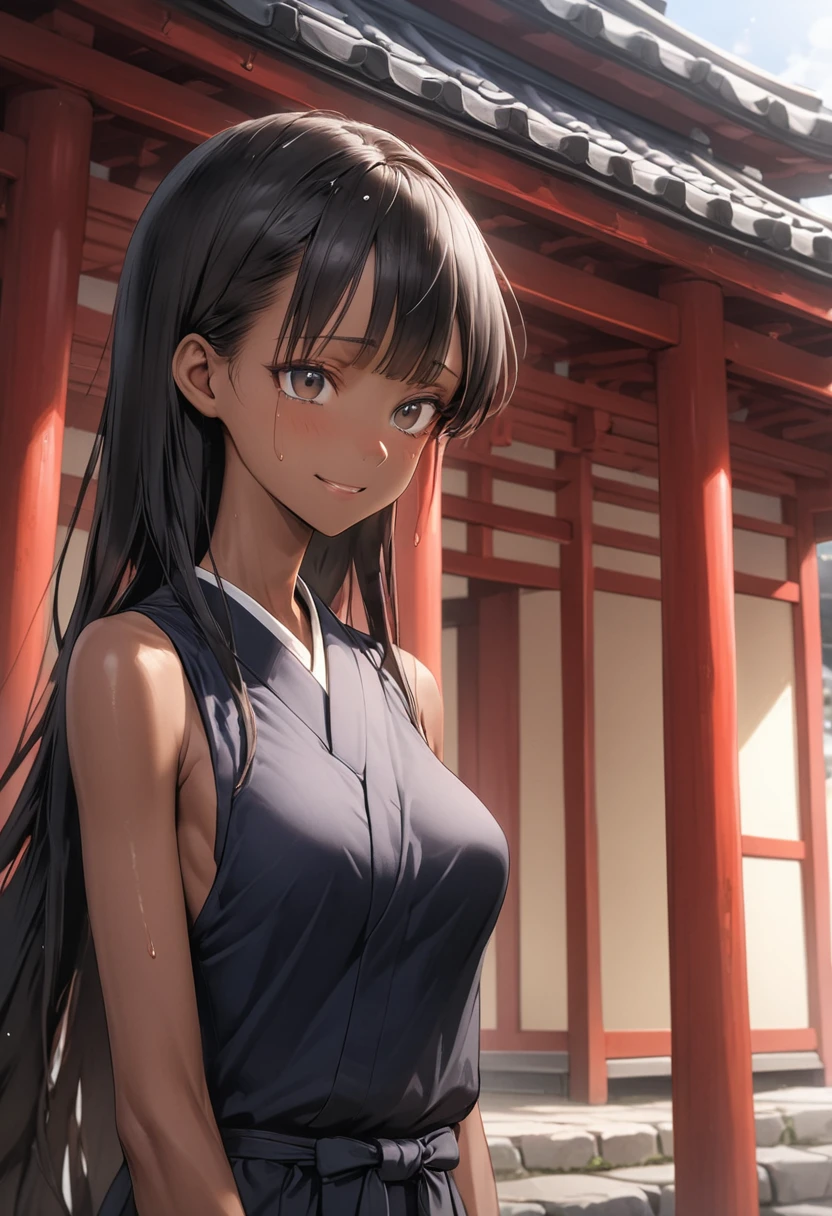 (masterpiece,Highest quality:1.3,best quality illustration),cowboy shot,1woman,25 year old Japanese beauty、black hair,long hair,bangs,black eyes,almond eyes,((very small head:1.3)),shy,smile,((very long body:1.2)),medium breasts,(tan skin, gleaming skin,toned body,slender body, skinny),sweat,(Black kimono、Black Hakama),standing,shrine、