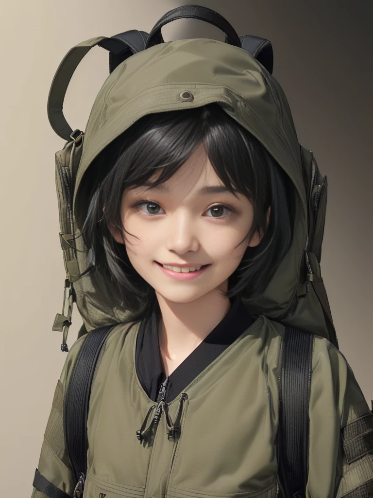 (((Masterpiece))), (high quality), one Japanese boy, 18 years old,(tall and thin,sleepy droopy eyes, long face, (thin cheeks:1.2),(black shaggy short hair,blank expression,smile:1.5),(khaki outdoor jacket,Black Rucksack,Close-up of face:1.5),(Plain background:1.5),
