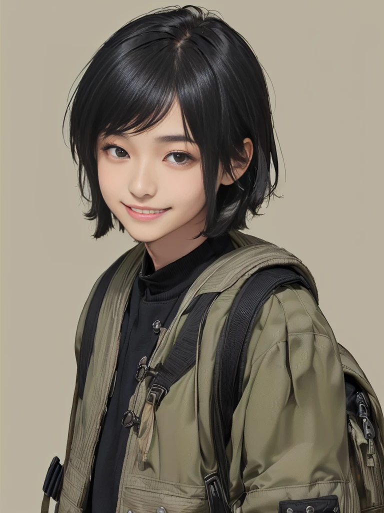 (((Masterpiece))), (high quality), one Japanese boy, 18 years old,(tall and thin,sleepy droopy eyes, long face, (thin cheeks:1.2),(black shaggy short hair,blank expression,smile:1.5),(khaki outdoor jacket,Black Rucksack,Close-up of face:1.5),(Plain background:1.5),