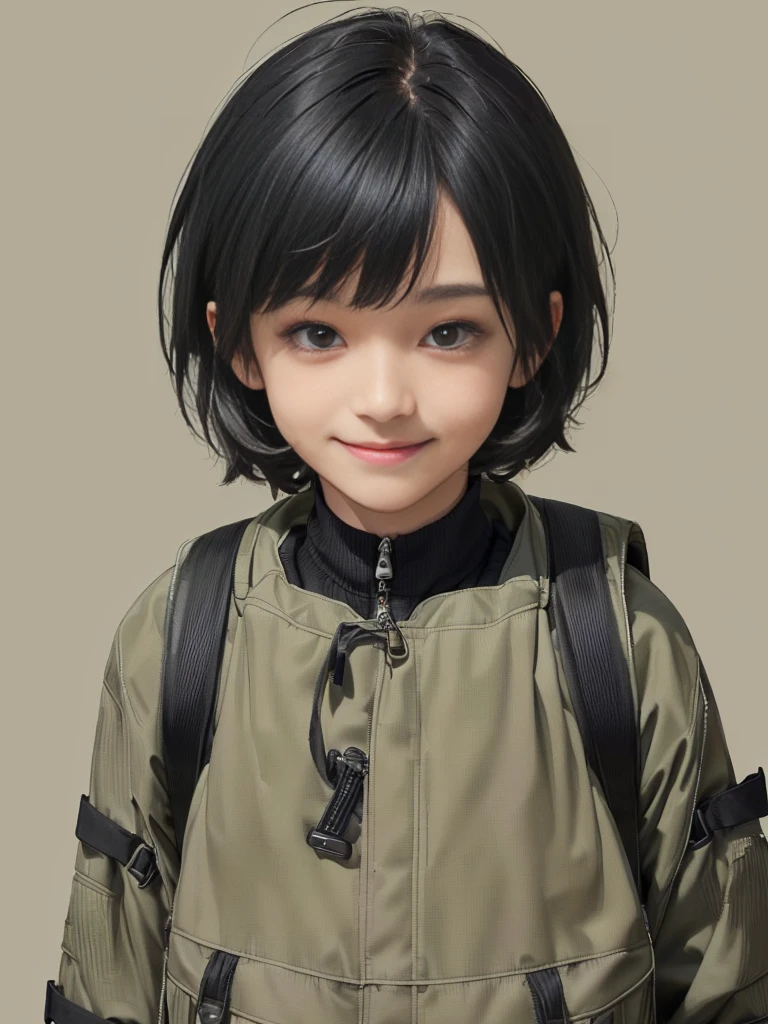 (((Masterpiece))), (high quality), one Japanese boy, 18 years old,(tall and thin,sleepy droopy eyes, long face, (thin cheeks:1.2),(black shaggy short hair,blank expression,smile:1.5),(khaki outdoor jacket,Black Rucksack,Close-up of face:1.5),(Plain background:1.5),