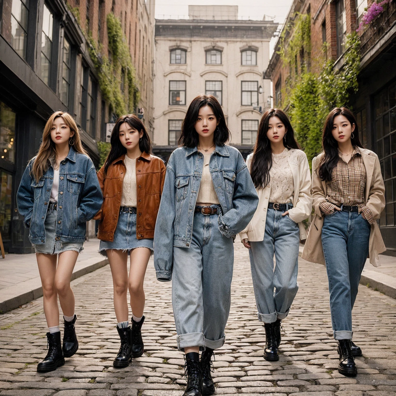 shows five Korean female band members walking confidently down a cobblestone street in casual, stylish outfits with jackets, shirts, and jeans. The backdrop is a vintage urban setting with buildings and greenery. blending modern style with a cool urban vibe.