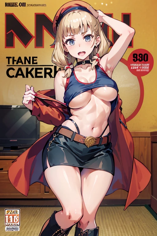 (masterpiece:1.2), (Military uniform magazine cover:1.4),best quality,PIXIV,Sweet girl , sexy posture,1girl, (perky chest:1.2), rolling upskirt by wind:1.6, (with sparkling eyes and a contagious smile),open mouth, (pointed chest:1.2),fishnets, black hair, boots, long hair, black nails, skirt, shirt, black footwear, bag, black skirt, jewelry, jacket, thigh strap, bangs, necktie, earrings, nail polish, multicolored hair, looking at viewer, full body, bottle, own hands together, belt, jacket on shoulders, food, cats on head, ring, choker, english text, collared shirt, blue eyes, hat, lace-up boots ,masterpiece、highest quality、Very detailed、An illustration、Beautiful fine details、One Girl、cute、Detailed landscape、Training Room Background:1.4、Platinum Blonde Hair、Braided Ponytail、Red camisole、((c cup breasts, Tank top showing underboob:1.4))