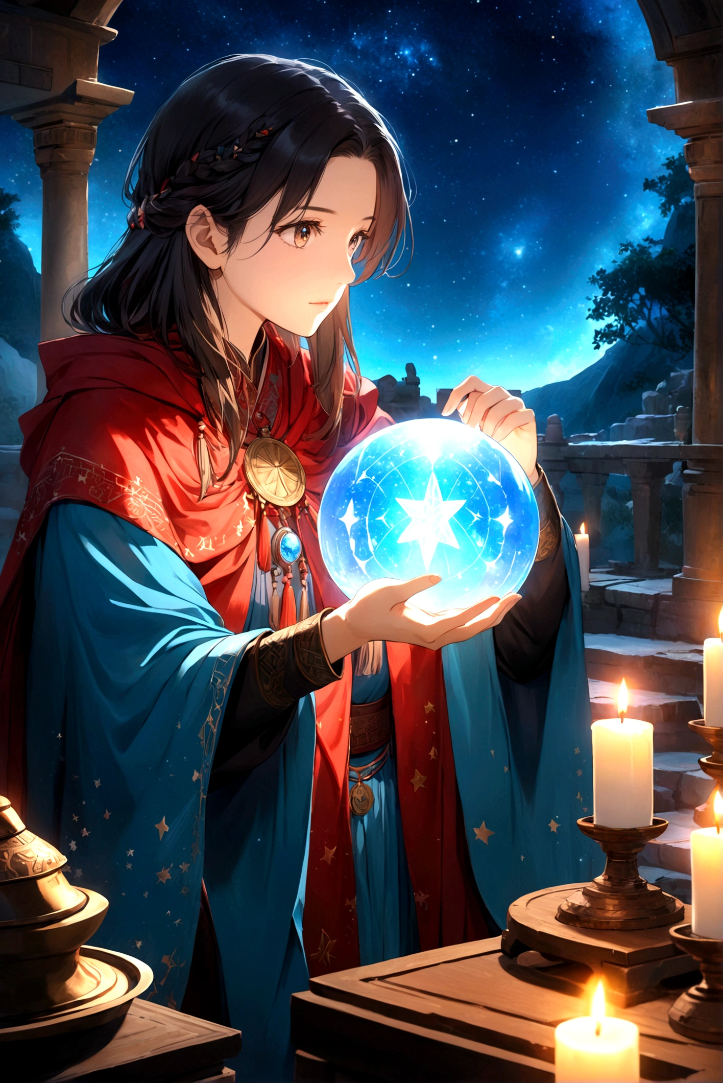 Astrologer, mystery, ancient, Starry sky background, Hold a crystal ball, Staring into the distance, The cloak flutters, night, Candlelight, ancient书籍, Star motif, Magic Runes, mystery氛围, Detailed description, High quality details, Artistic effects
