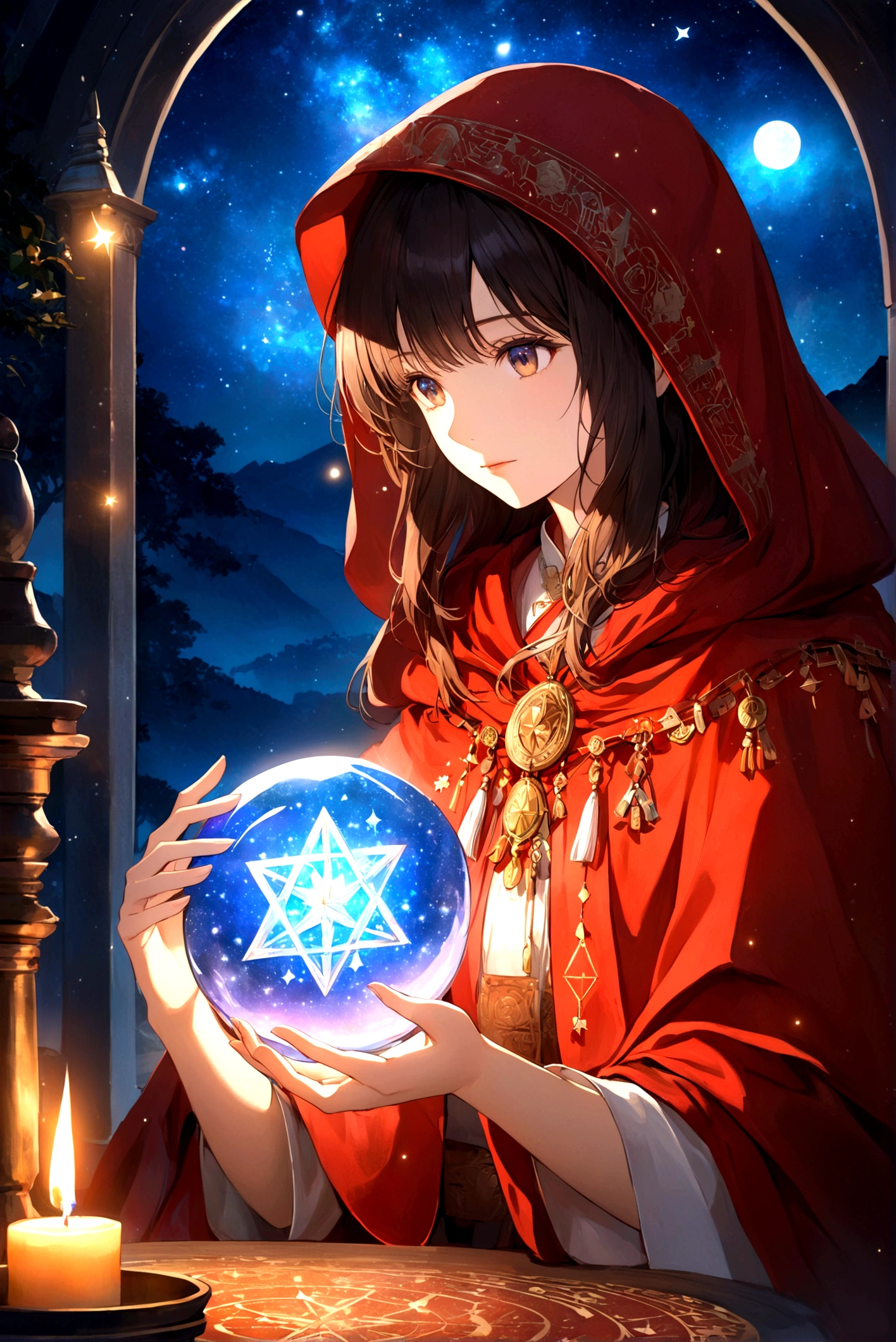 Astrologer, mystery, ancient, Starry sky background, Hold a crystal ball, Staring into the distance, The cloak flutters, night, Candlelight, ancient书籍, Star motif, Magic Runes, mystery氛围, Detailed description, High quality details, Artistic effects