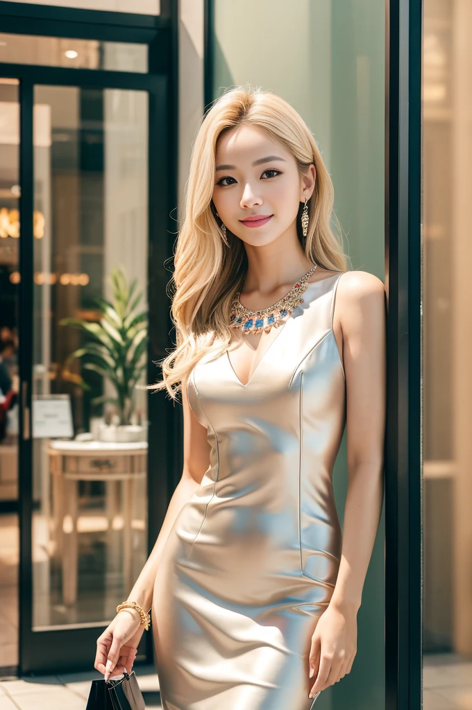 (best quality, 4k ,8k, highres, masterpiece:1.2), ultra-detailed, (realistic, photorealistic, photo-realistic:1.37), closeup, beautiful Thai woman, beautiful smile, beautiful makeup, platinum blonde hair, fair skin, slender figure, elegant posture, wearing large sparkling colorful jewelery, wearing a business style black leather dress, standing in a large shopping mall, gentle sunlight shining through the shopping mall windows, casting a soft glow on her face, adding warmth to the scene, vibrant colors, capturing the essence of vibrant city life, portrait style, showcasing her natural beauty and grace in a feminine way