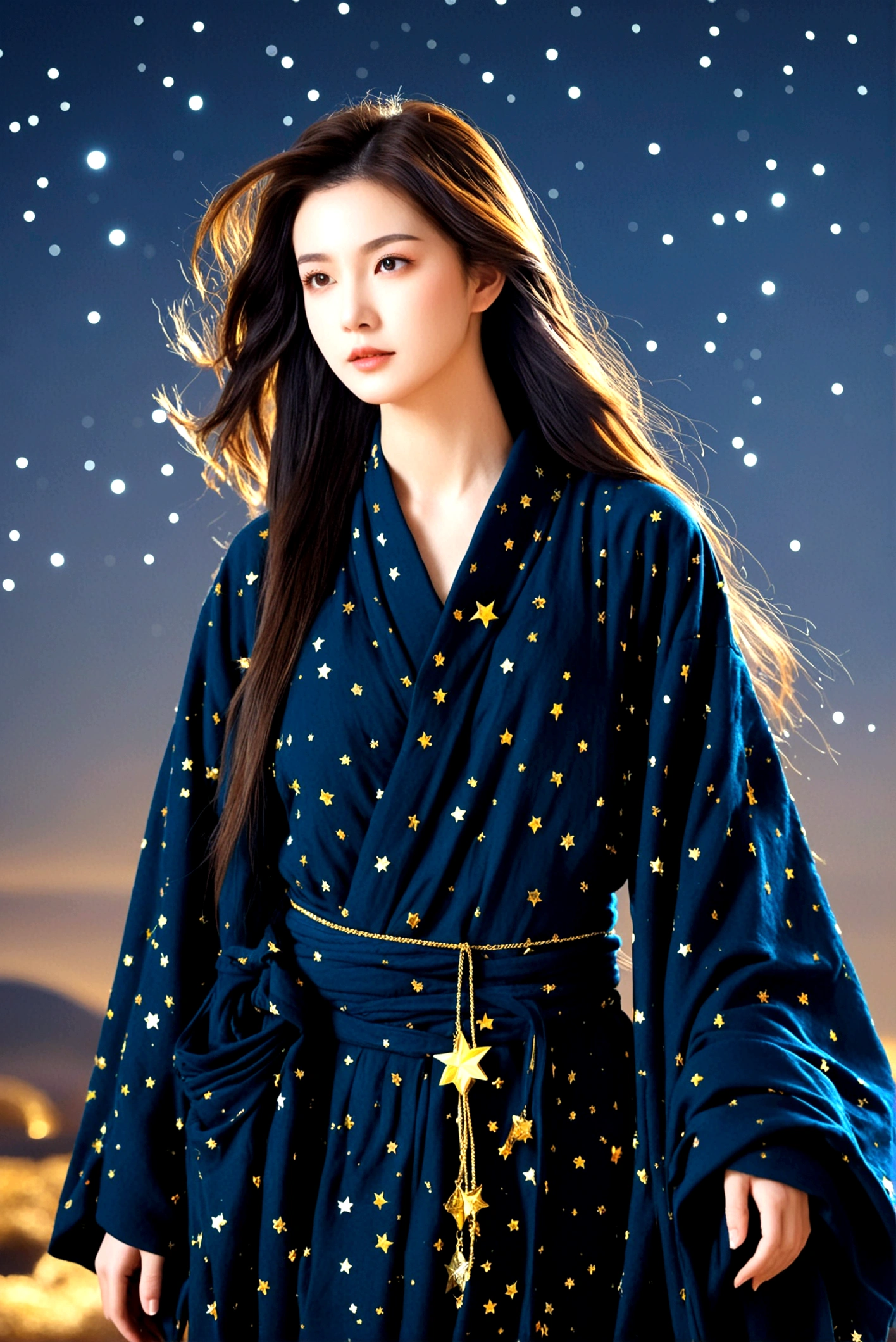 Dark ancient robe,Dotted with golden stars,Sophisticated attire,Long hair,female,Astrologer,1.85 meters