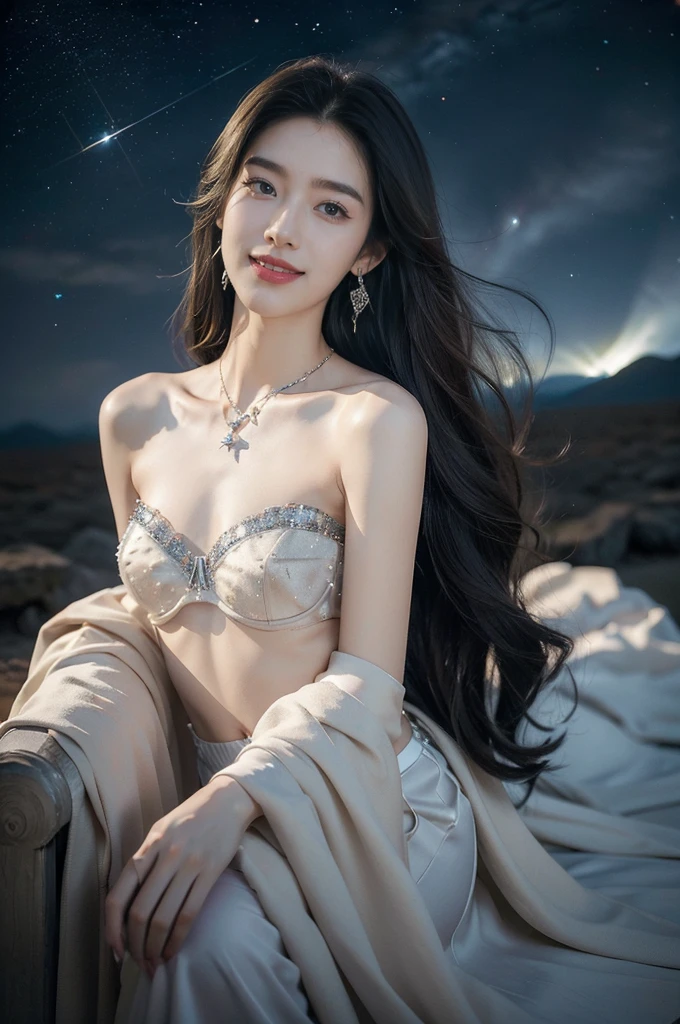 (((best quality))),(((ultra detailed))),(((masterpiece))),illustration,((A beautiful female astrologer,solo)),((slim,thin)),((small breasts,flat chest)),((shoulder length straight hair)),(laughing:1.2),(earrings,necklace),(strapless sparkled sheer bra:1.3),standing beneath a magical summer night, stars twinkling in the velvety darkness,starry sky, sapphire eyes filled with wonder, flowing ethereal gown mimicking the stars, silver pendant shaped like a horoscope,serene smile and captivating gaze, celestial beauty and mystery, solace and inspiration in the vast expanse of the universe,((from front,close-up of face))