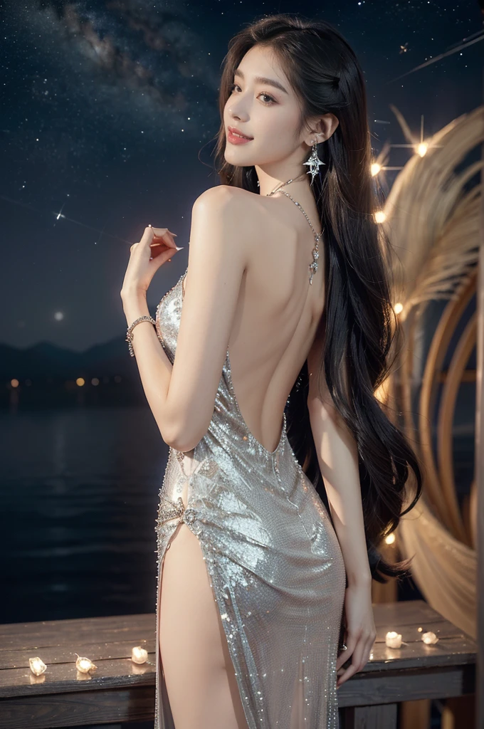(((best quality))),(((ultra detailed))),(((masterpiece))),illustration,((A beautiful female astrologer,solo)),((slim,thin)),((bare back,towering hips,butt crack)),((shoulder length straight hair)),(laughing:1.2),(earrings,necklace),(sparkled sheer dress:1.3),standing beneath a magical summer night, stars twinkling in the velvety darkness,starry sky, sapphire eyes filled with wonder, flowing ethereal gown mimicking the stars, silver pendant shaped like a horoscope,serene smile and captivating gaze, celestial beauty and mystery, solace and inspiration in the vast expanse of the universe,((from back,upper body))