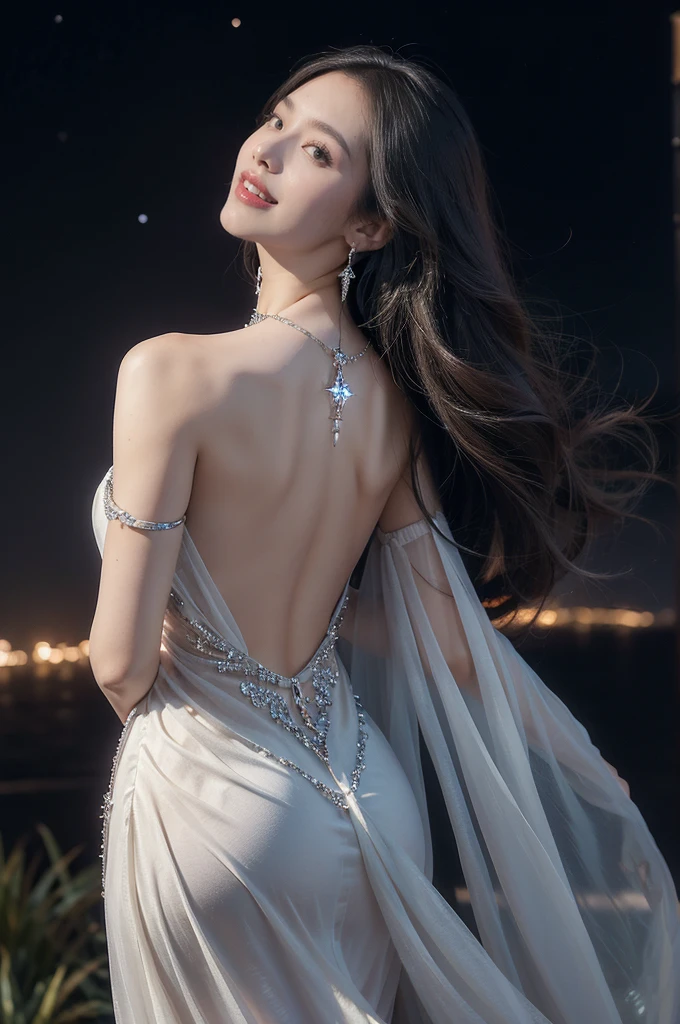 (((best quality))),(((ultra detailed))),(((masterpiece))),illustration,((A beautiful female astrologer,solo)),((slim,thin)),((bare back,towering hips,butt crack)),((shoulder length straight hair)),(laughing:1.2),(earrings,necklace),(sparkled sheer dress:1.3),standing beneath a magical summer night, stars twinkling in the velvety darkness,starry sky, sapphire eyes filled with wonder, flowing ethereal gown mimicking the stars, silver pendant shaped like a horoscope,serene smile and captivating gaze, celestial beauty and mystery, solace and inspiration in the vast expanse of the universe,((from back,upper body))