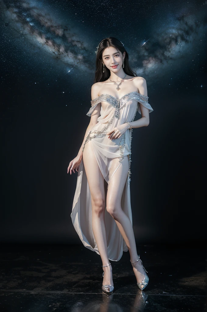 (((best quality))),(((ultra detailed))),(((masterpiece))),illustration,((A beautiful female astrologer,solo)),((slim,thin)),((small breasts,flat chest)),((shoulder length straight hair)),(laughing:1.2),(earrings,necklace),(sparkled sheer shirt-dress:1.3),(slender legs),standing beneath a magical summer night, stars twinkling in the velvety darkness,starry sky, sapphire eyes filled with wonder, flowing ethereal gown mimicking the stars, silver pendant shaped like a horoscope,serene smile and captivating gaze, celestial beauty and mystery, solace and inspiration in the vast expanse of the universe,((from front,full body))