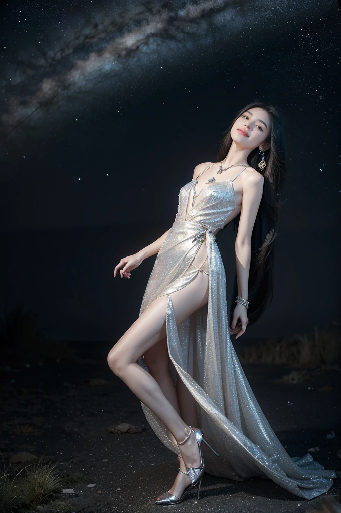 (((best quality))),(((ultra detailed))),(((masterpiece))),illustration,((A beautiful female astrologer,solo)),((slim,thin)),((small breasts,flat chest)),((shoulder length straight hair)),(laughing:1.2),(earrings,necklace),(sparkled sheer shirt-dress:1.3),(slender legs),standing beneath a magical summer night, stars twinkling in the velvety darkness,starry sky, sapphire eyes filled with wonder, flowing ethereal gown mimicking the stars, silver pendant shaped like a horoscope,serene smile and captivating gaze, celestial beauty and mystery, solace and inspiration in the vast expanse of the universe,((from front,full body))